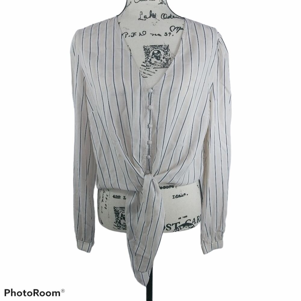Lumiere Tie Front Button down Linen Neutral Crop Top Vacation Size L